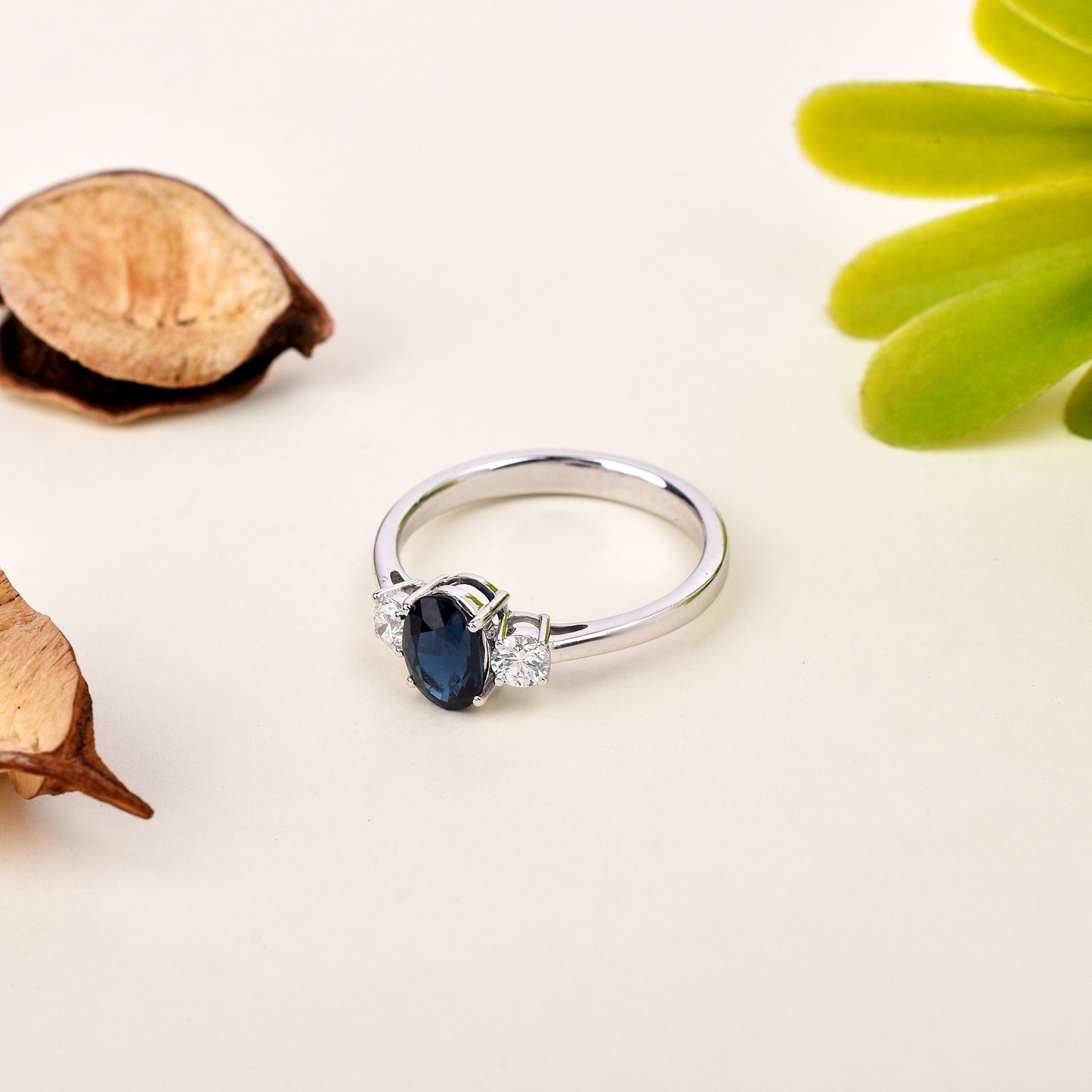 Fine Quality 100% Natural Diamond & Blue Sapphire Gemstone 18K White Gold Oval Shape 3.040cts. Handmade Ring, September Birthstone Ring