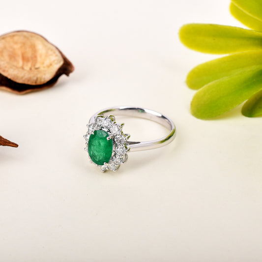100% Natural Fine Quality Diamond & Emerald Gemstone 18K White Gold Oval Shape 3.292cts. May Birthstone Women's Ring at the Cheapest Price