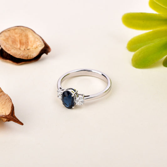 Fine Quality 100% Natural Diamond & Blue Sapphire Gemstone 18K White Gold Oval Shape 3.040cts. Handmade Ring, September Birthstone Ring